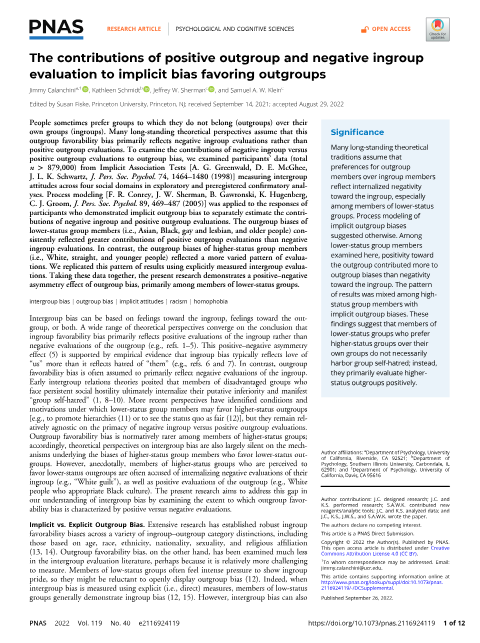 Thumbnail for The contributions of positive outgroup and negative ingroup evaluation to implicit bias favoring outgroups