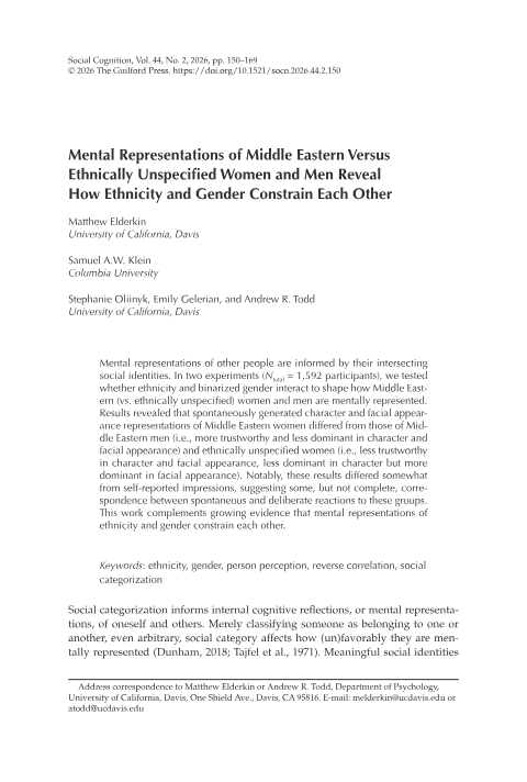 Thumbnail for Mental Representations of Middle Eastern Versus Ethnically Unspecified Women and Men Reveal How Ethnicity and Gender Constrain Each Other