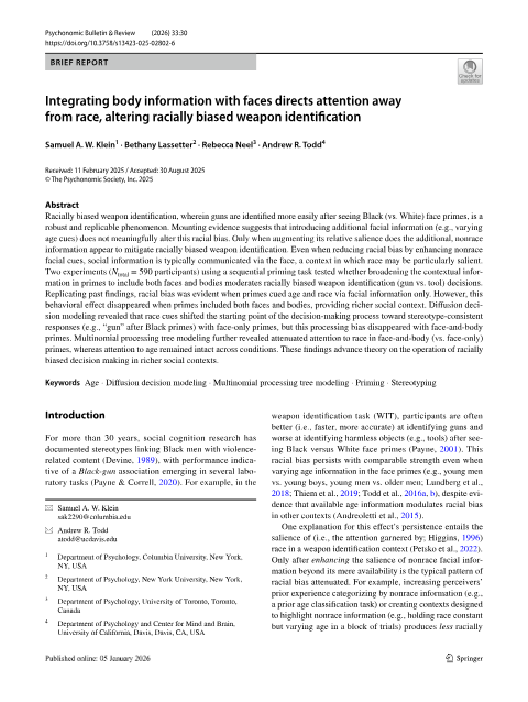 First page of Integrating body information with faces directs attention away from race, altering racially biased weapon identification