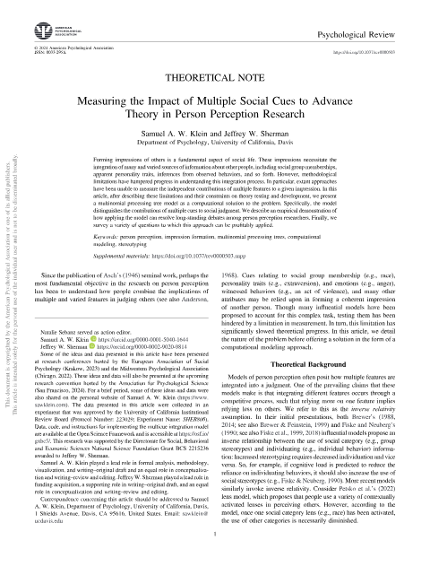 First page of Measuring the Impact of Multiple Social Cues to Advance Theory in Person Perception Research